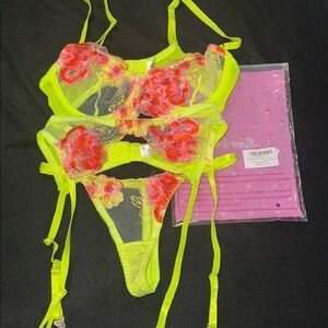 Floral Embroidered Lingerie Set - Neon Yellow and Red